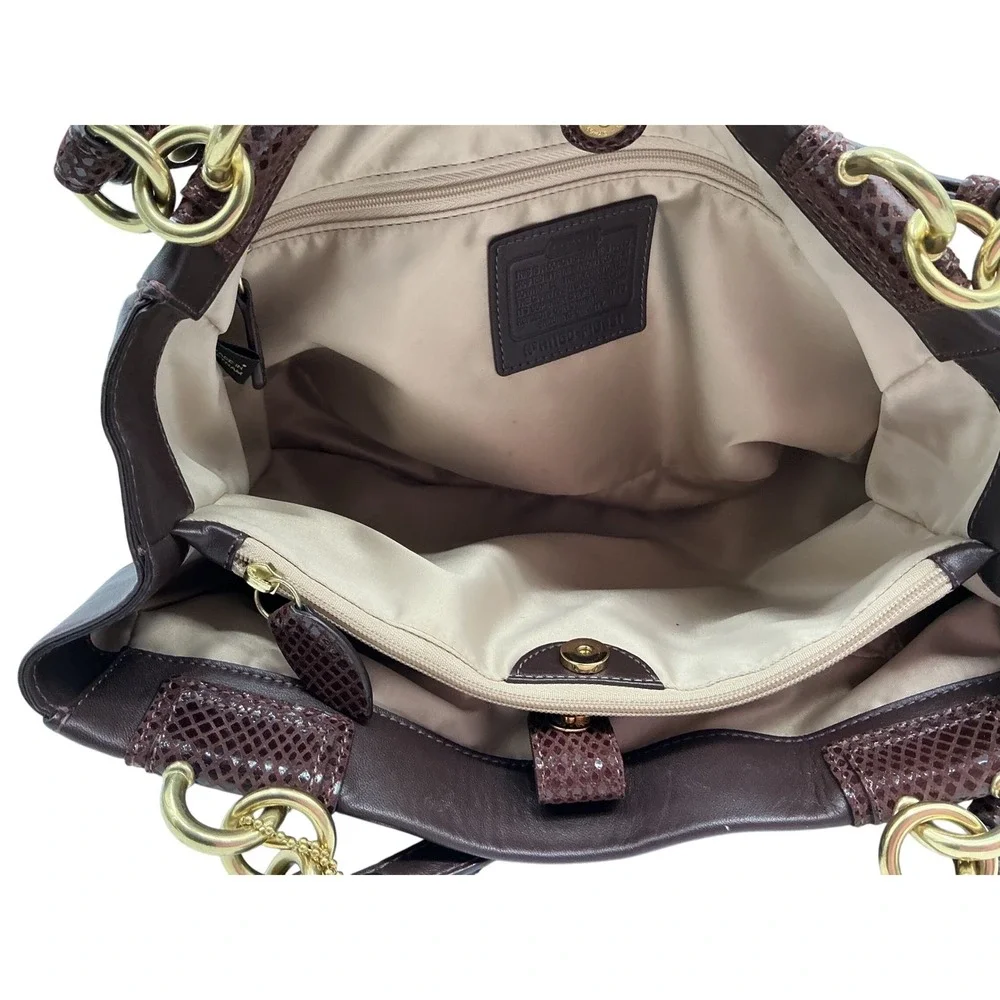 Coach Brown Leather Embossed Snakeskin Trim‎ Tote Shoulder Bag Purse Handbag - Picture 4 of 13